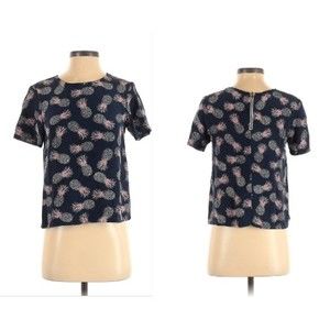 Amour Vert Navy Pinaple Zipper Short Sleeve  100% Silk Blouse Medium